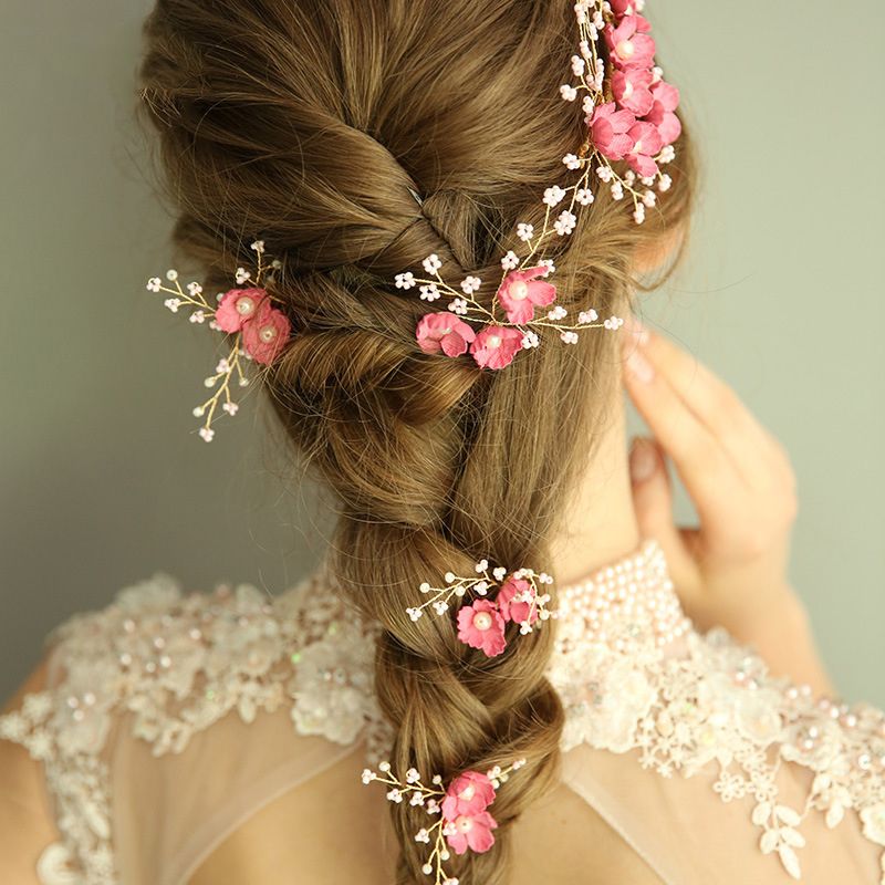 2019 Wholesale Pink Flower Women Prom Hair Jewelry Pearls Bridal