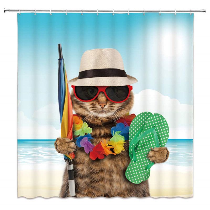 2019 Holiday Cat Shower Curtain Funny Pet Tropical Beach Vacation