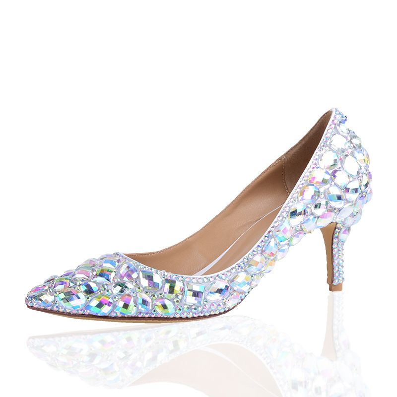 2019 Handmade Kitten Heel Silver Ab Crystal Wedding High Heels 6cm
