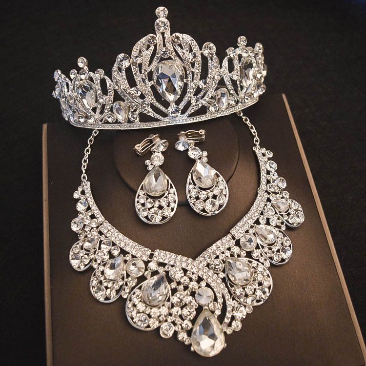 Luxurious Crystal Adorned Bridal Wedding Crown Necklace Earring Sets