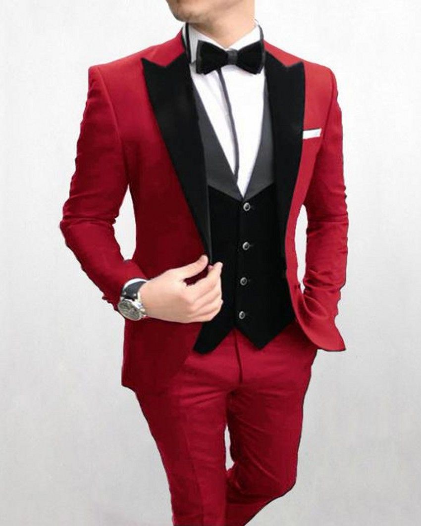 Compra Marca Nuevo Rojo Novio Esmoquin Negro Pico Solapa Padrinos De Boda  Para Hombre Vestido De Novia De La Manera Del Hombre De La Chaqueta Blazer  Traje Chaqueta + Pantalones + Chaleco +