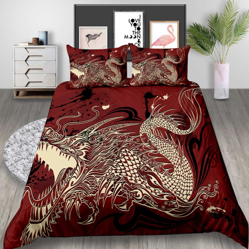 Golden Dragon Bedding Set Chinese Cool Classic Red Duvet Cover