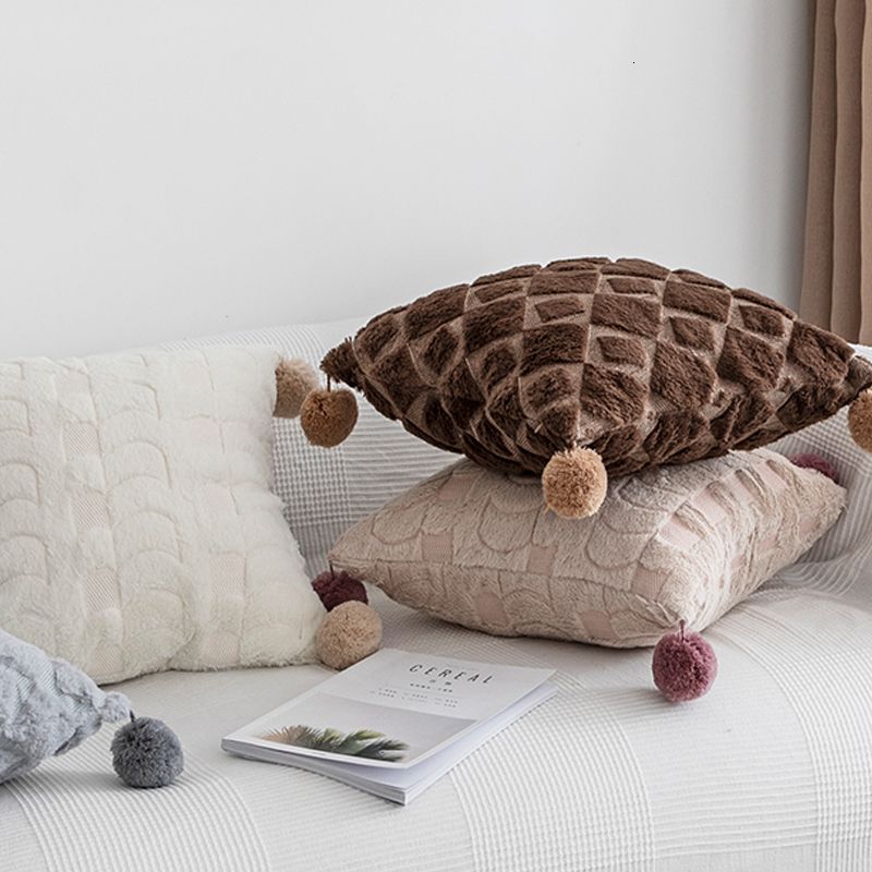 Pompom Ball Cushion Cover Soft Plush Diamond Arrow Stylish 45x45cm