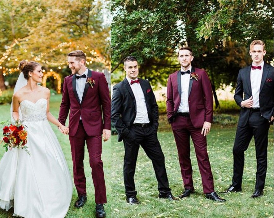 2020 Amazing Burgundy Black Country Designer Wedding Suits Tuxedos