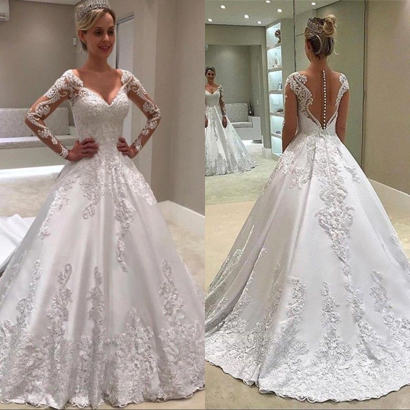 Modest White Long Sleeve A Line Wedding Dresses Sheer Backless With ...