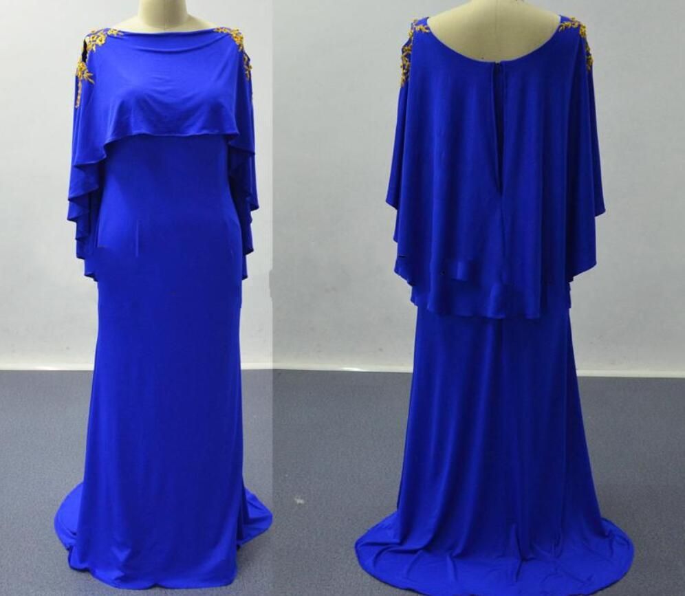 Cape Sleeves Prom Dresses 2019 New Royal Blue Golden Lace Appliqued ...