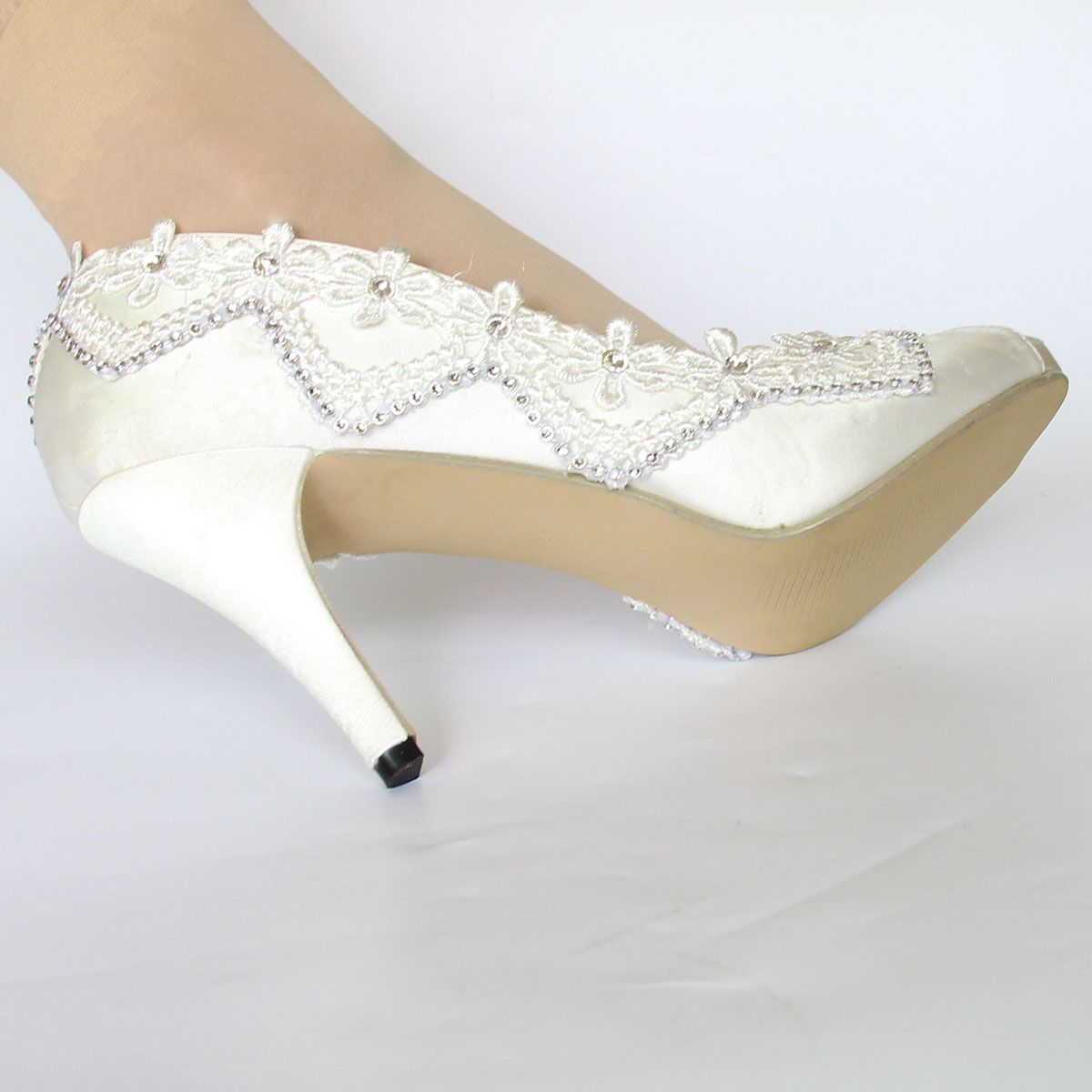 Free Ship High Heel White Ivory Silk Lace Open Toe Crystal Wedding