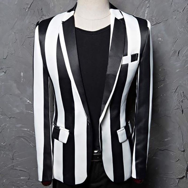 Wholesale Black White Striped Blazer Jacket Men Brand One Button Wholesale Black White Striped Blazer Jacket Men Brand One Button