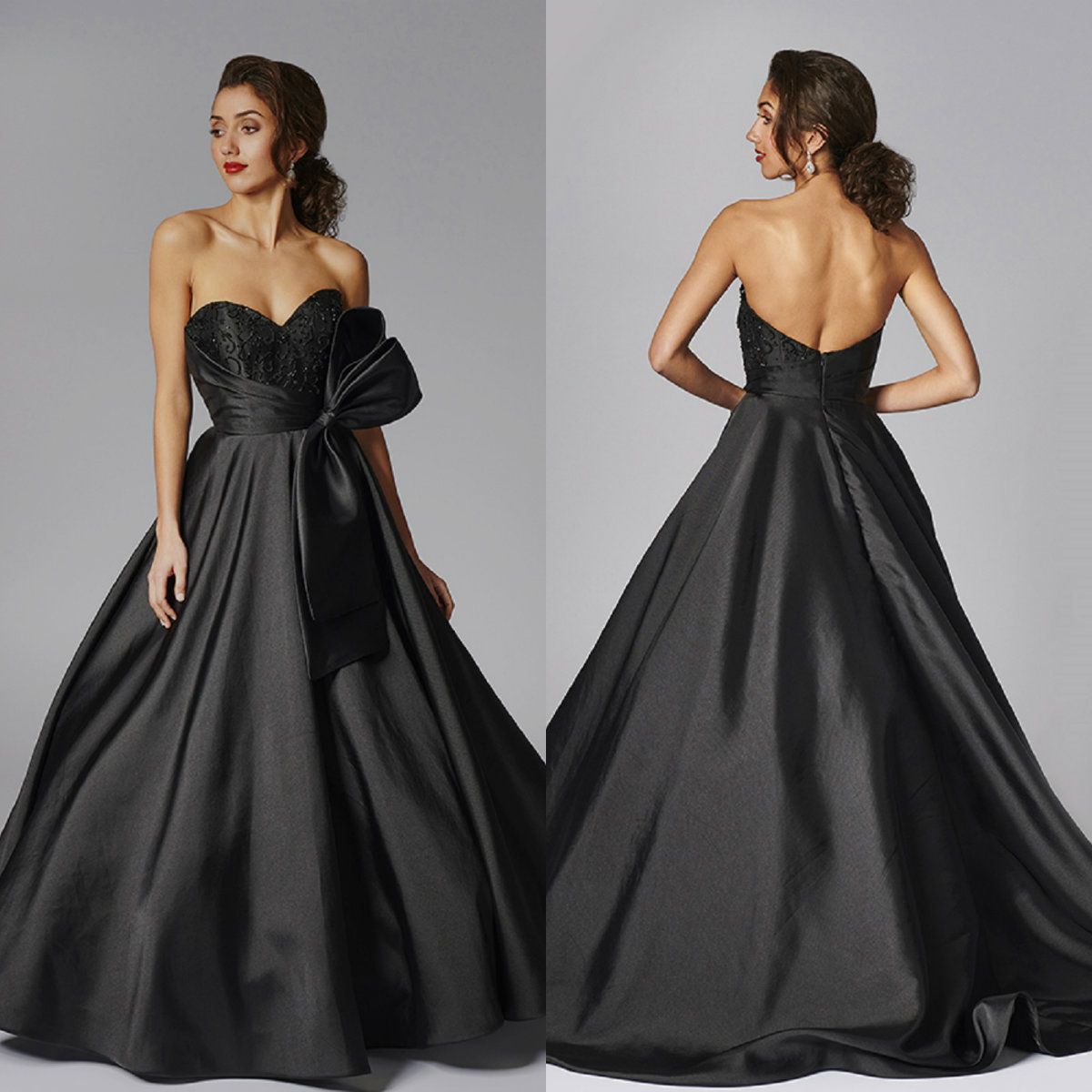 Black A Line Evening Dresses Strapless Sleeveless Appliques Beads Bow ...