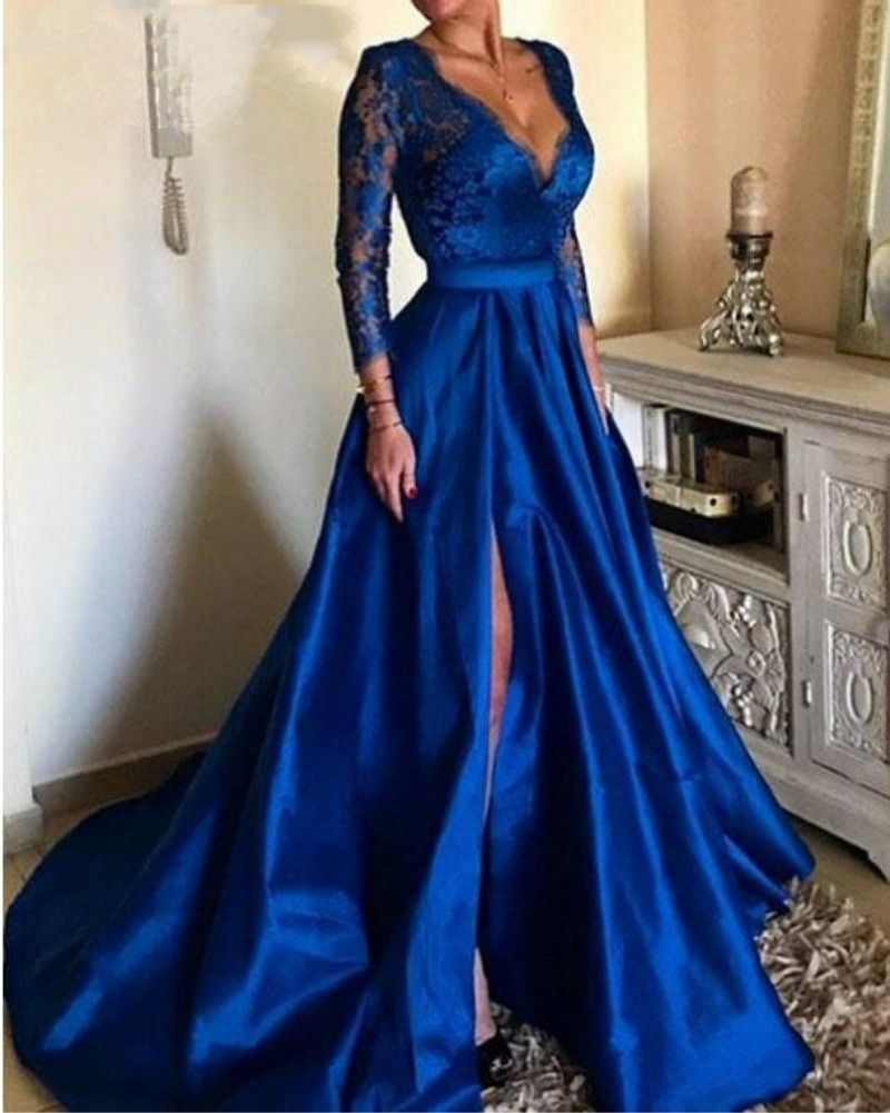Fancy Royal Blue Lace Long Sleeves 
