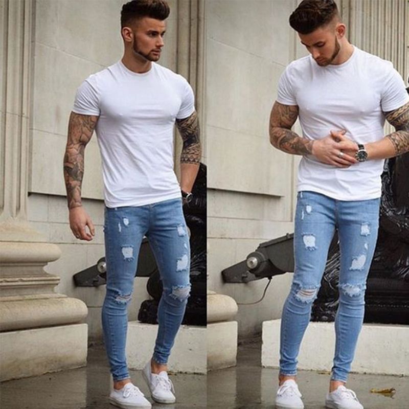 Pantalones | Vaqueros con bolsillos super skinny rasgados Azul Medio |  boohoo Hombre – Logiciel Export