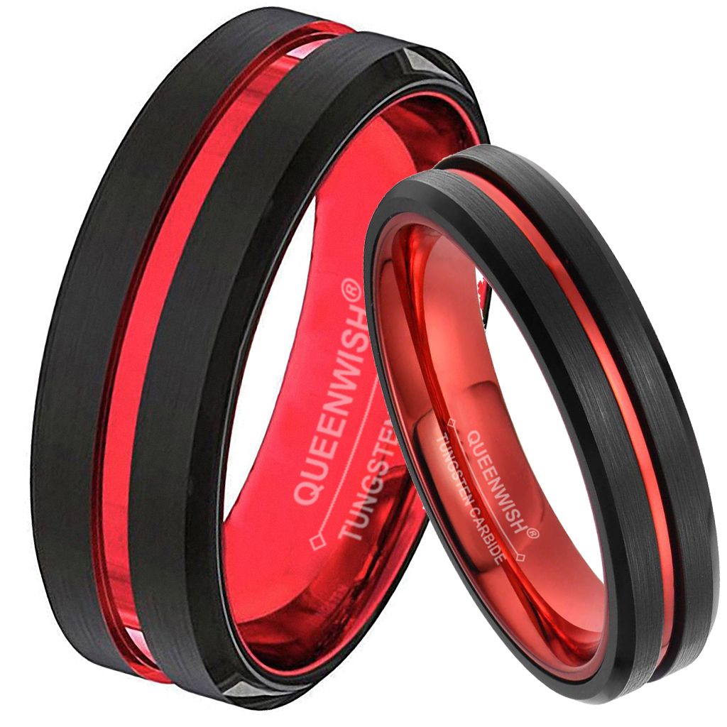 2021 6/8mm Red&Black Tungsten Carbide Ring Mens Two Tone Wedding Bands