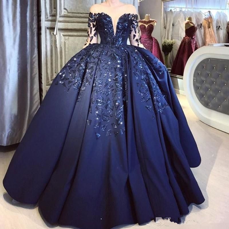 Elegant Navy Blue Satin Ball Quinceanera Prom Dress Sheer Long Sleeves