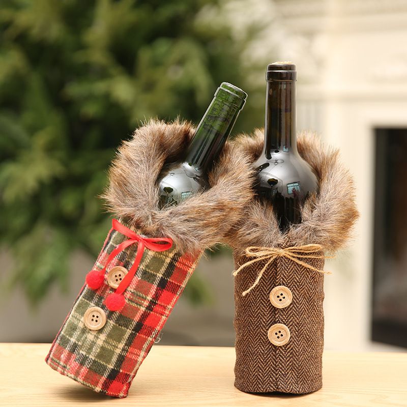 Vinatge Red Wine Cover With Bowknots Plaid Bottle Sleeves Xmas Bottles