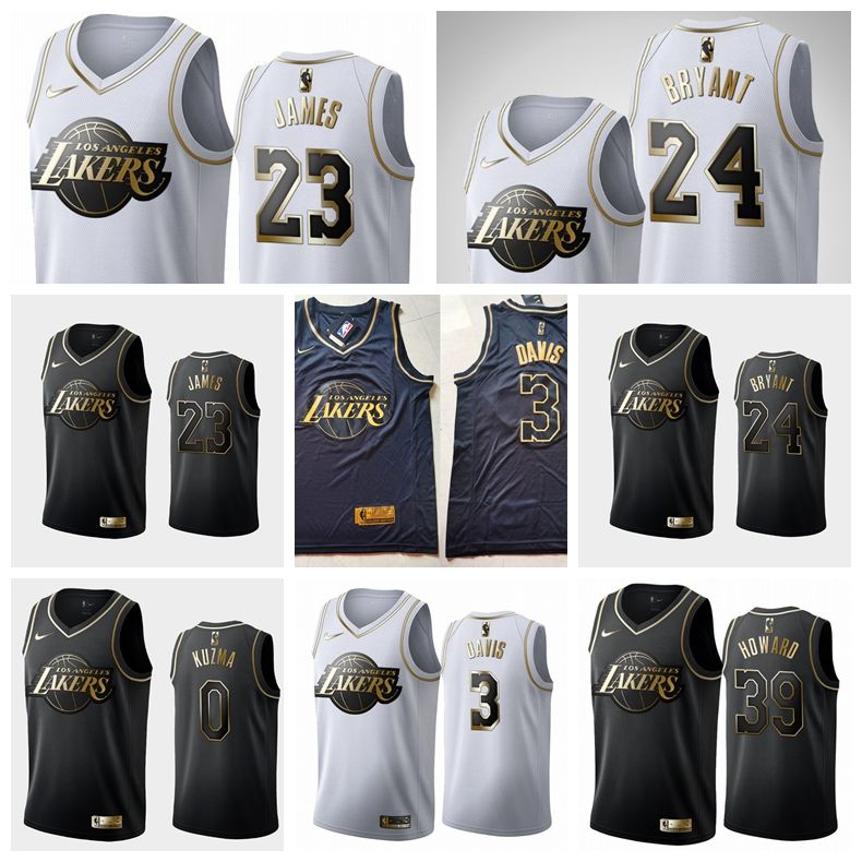 Los Angeles Lakers Men Lebron James 24 Kb Anthony 23 Davis Black White Golden Edition Basketball