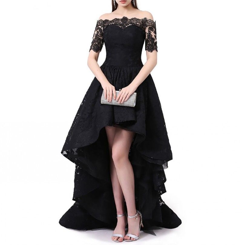 High Low Black Lace Off Shoulder Prom 