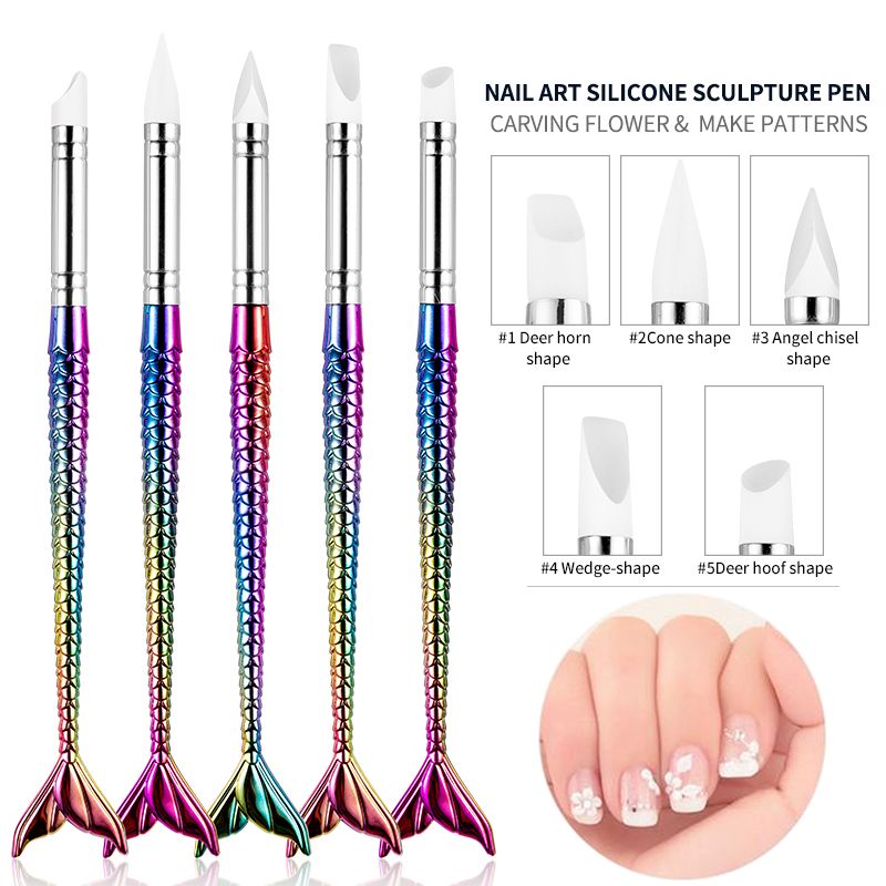 5Pcs Rainbow Fish Tail Mermaid Nail Art Brush Silicone Dotting Sculpture  Pen Hollow Carving Emboss Shaping