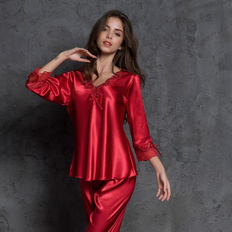 Silk Pajamas Sets Sleepwear Lady Long Sleeve Lace Tops Long Pant Female Home Clothes