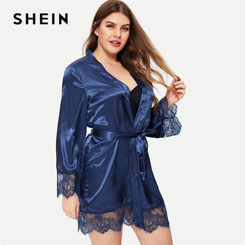 2020 Shein Women Plus Size Lace Trim Blue Satin Robes With Belt