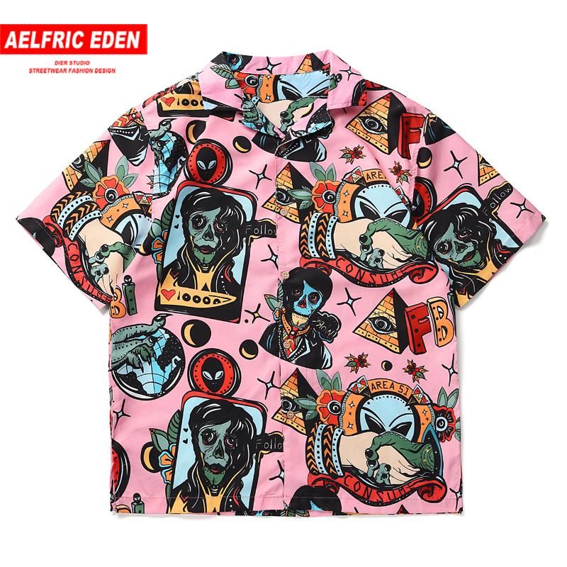 2020 Aelfric Eden Cartoon Character Print Hip Hop Shirts Loose Men 2020 Summer Harajuku Casual Short Sleeve Shirts Streetwear Pink From Chivalife 26 52 Dhgate Com