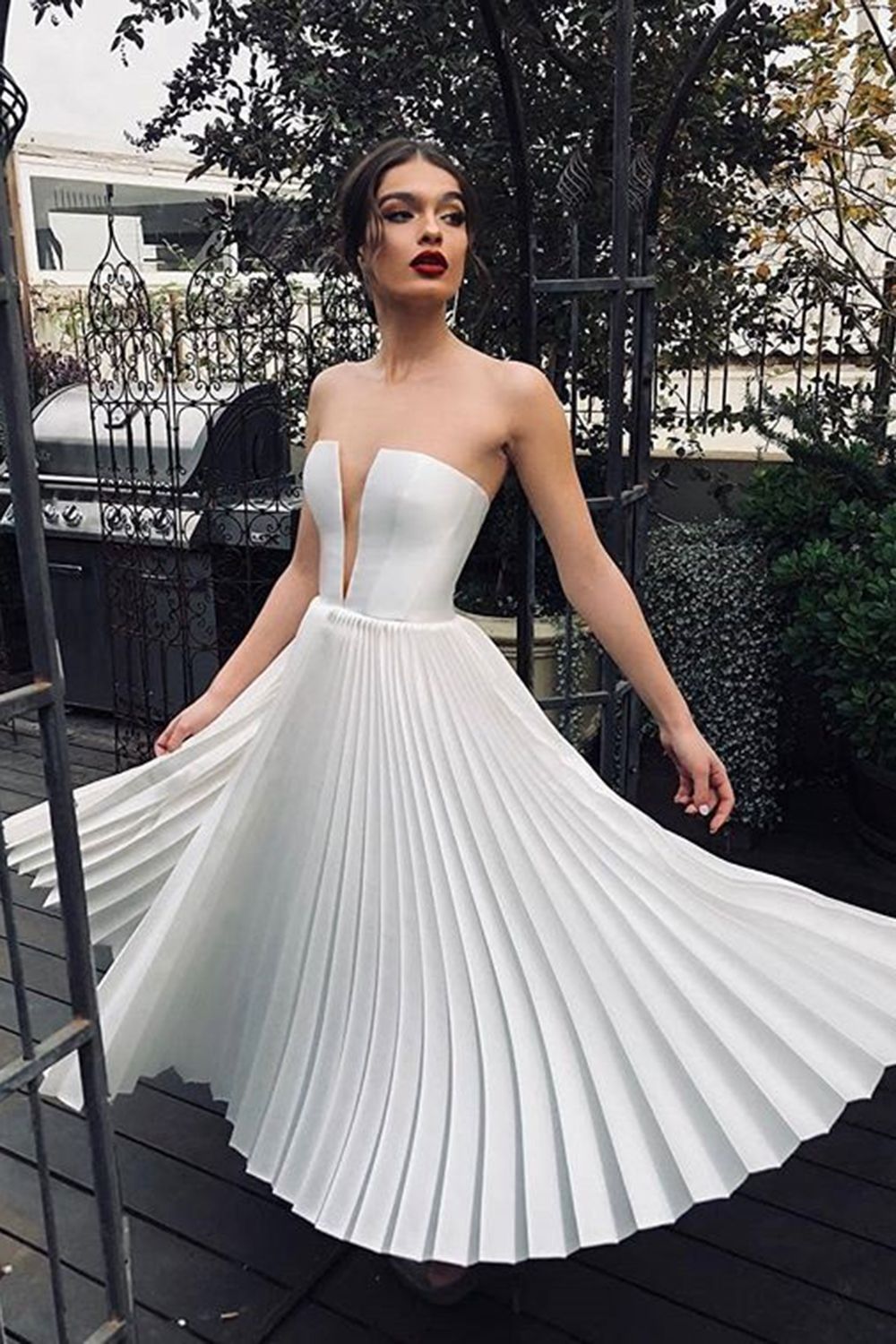 white strapless tea length dress
