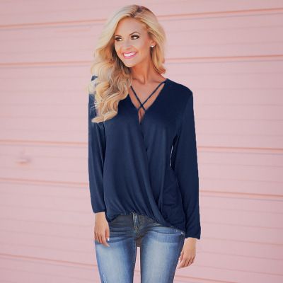 Nuevo Camiseta floja de manga larga con cuello en V para mujer Negro Nuevo Camiseta floja de manga larga con cuello en V para mujer Negro