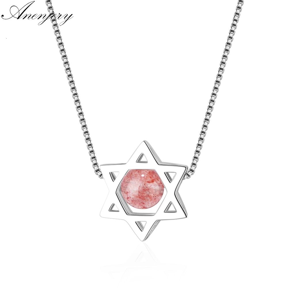 IIUUGG Natural Strawberry Crystal Moonstone Star Necklace for Women Girl Simple Sterling Silver Jewelry 