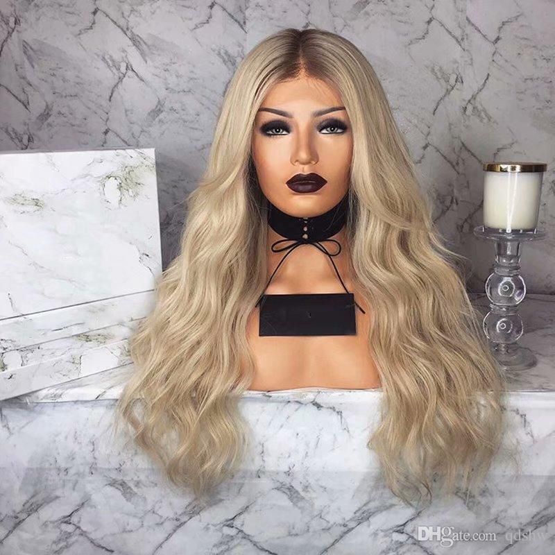Blonde Synthetic Wig Ombre Blonde With Dark Brown Root None Lace