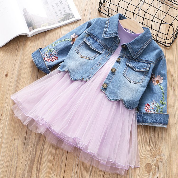 Compra Conjunto De Niñas Vestido De Manga Larga Para Niños + Abrigo De  Chaqueta De Bordado Floral De Mezclilla 2 Unids / Set Vestido De Moda Para  Niñas Traje De Chaqueta De