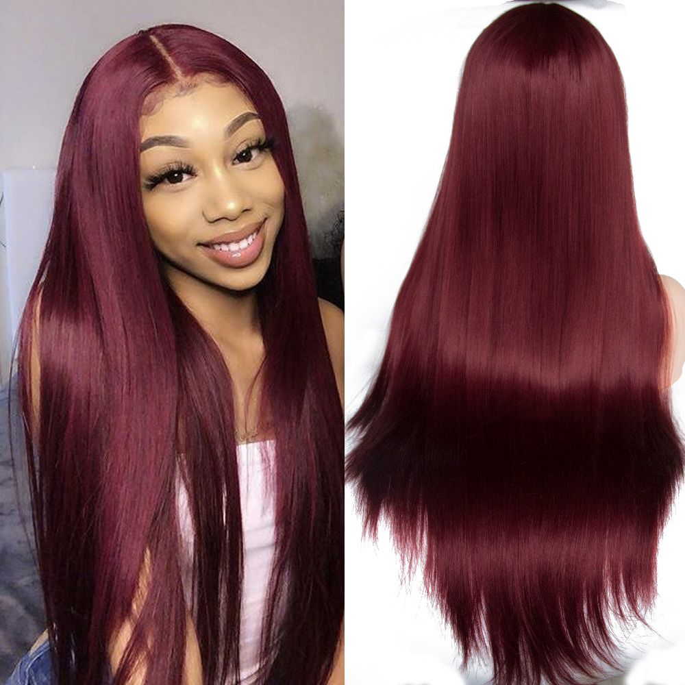 Burgundy Long Straight Hair Synthetic Lace Front Wig Natural
