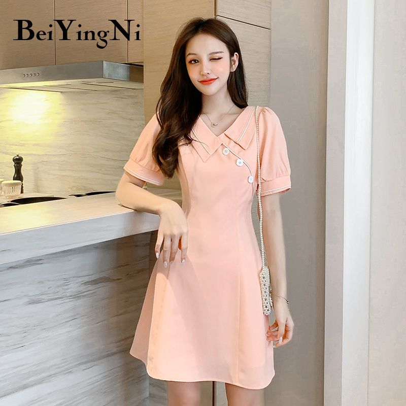 Beiyingni Pink Kawaii Mini Dress Women Solid Color Short Sleeve Buttons Slim Sexy Kpop Sweet Vestidos De Fiesta Charming Dresses Beiyingni Pink Kawaii Mini Dress Women Solid Color Short Sleeve Buttons Slim Sexy Kpop Sweet Vestidos De Fiesta Charming Dresses