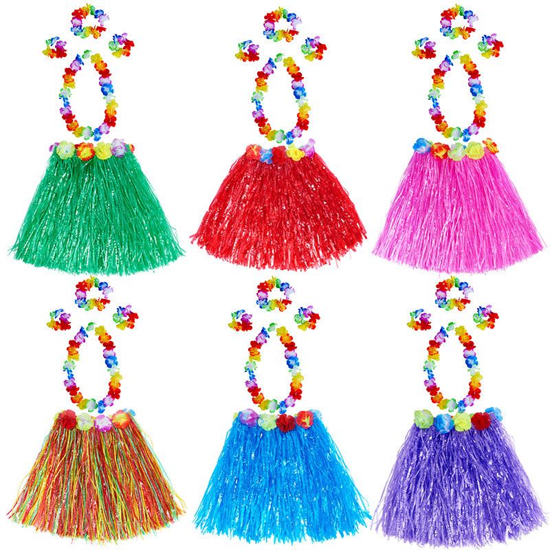 2020 Kids Hawaiian Grass Skirt Garland Headband Hula Fancy Skirt Set ...