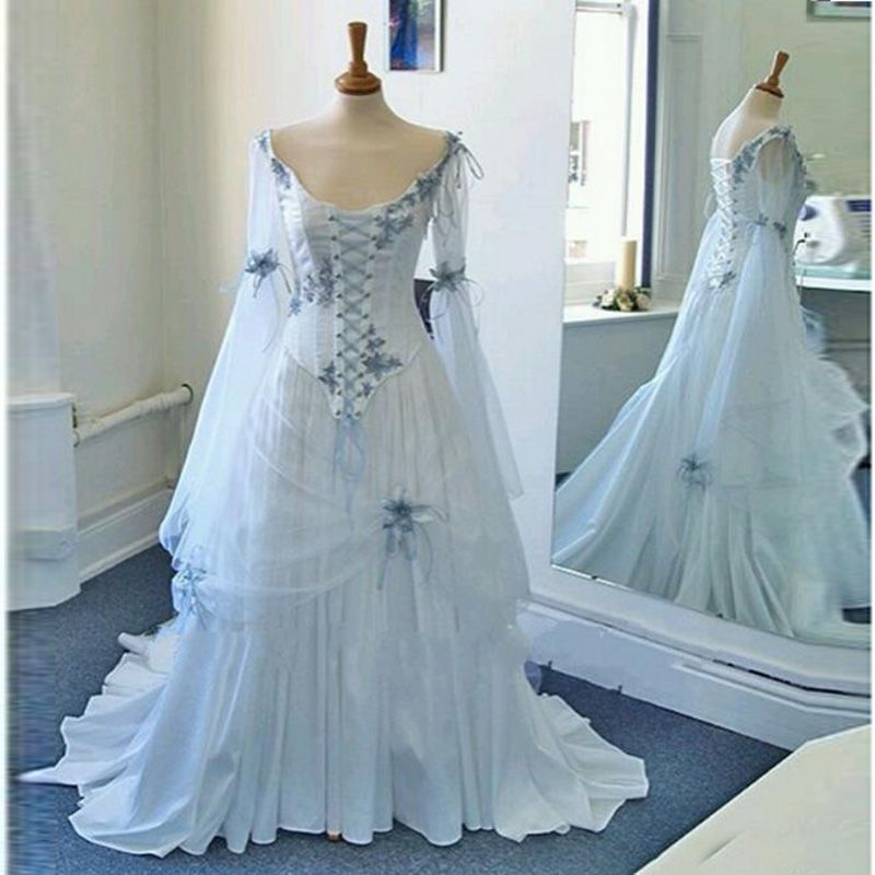 Compre Vestidos De Boda Celta De La Vendimia Blanco Y Azul Claro Colorido Medieval Vestidos De Novia Scoop Escote Corse Largo De Bell Mangas Vestidos De Boda A 115 66 Del Sweetybridal01