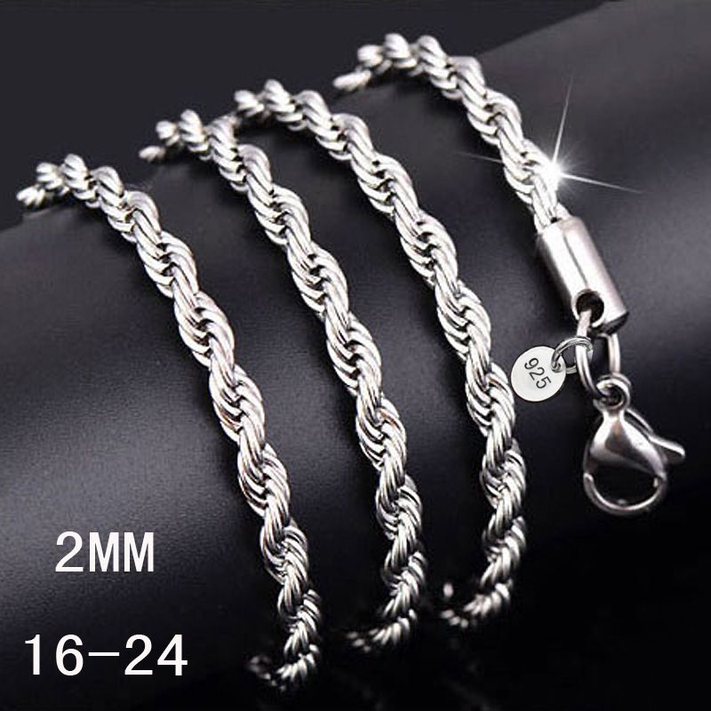 925 Sterling Silver Twist Rope Chain Necklace For Men 2mm Women