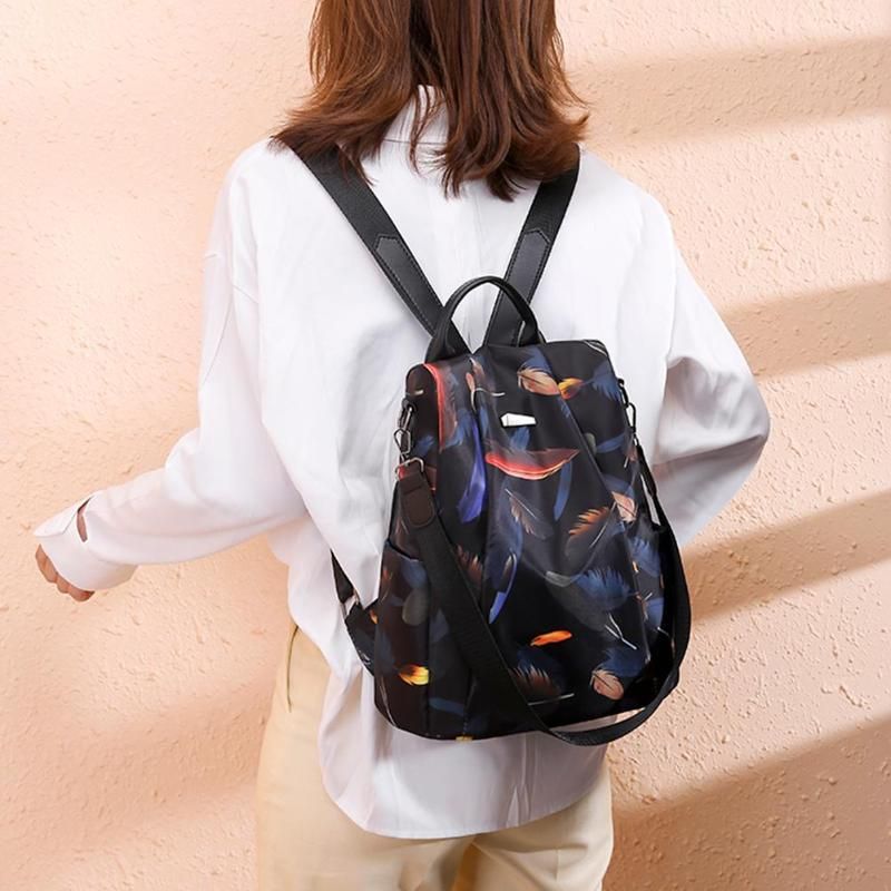 tela Oxford, Mochila con estampado de plumas Anti-thief para mujer tela Oxford, Mochila con estampado de plumas Anti-thief para mujer