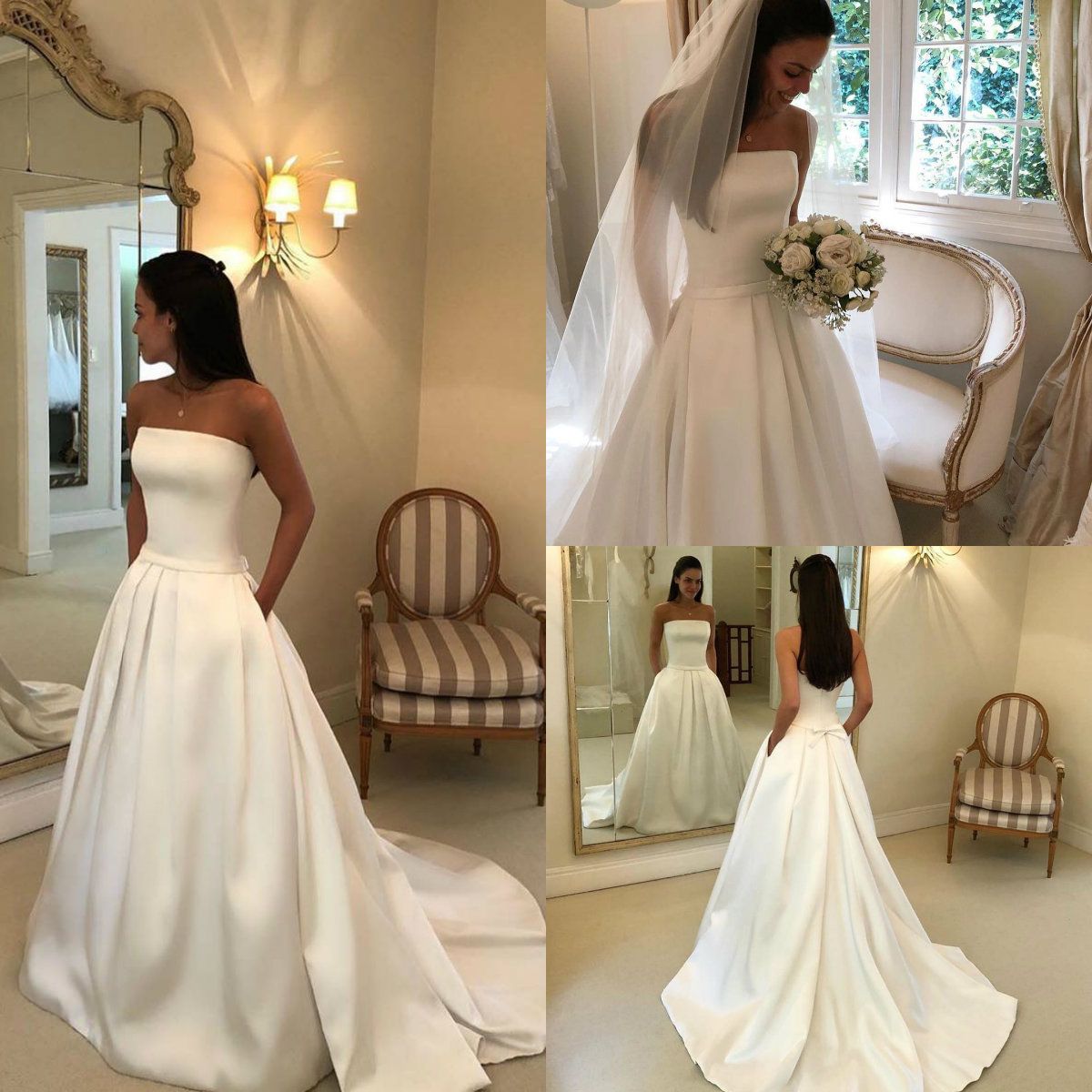 Discount2019 Simple Satin Wedding Dresses With Pocket Strapless A 