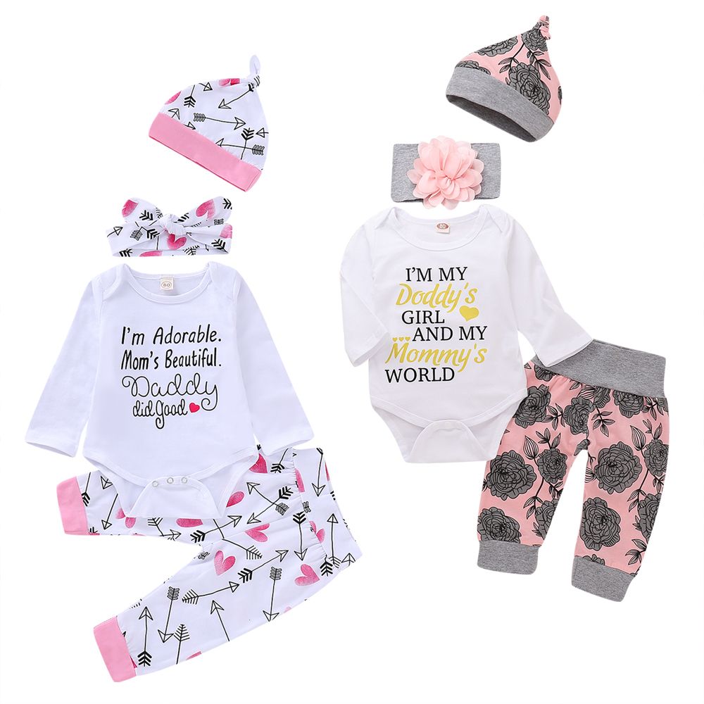 Neugeborenes Baby Kleidung 4pcs Outfits Strampler Hosen Stirnband Hut Herbst Winter Daddys Girl floral Sets