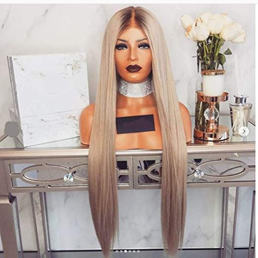 180 Density 24inches Long Straight Ombre Ash Blonde Wig Synthetic