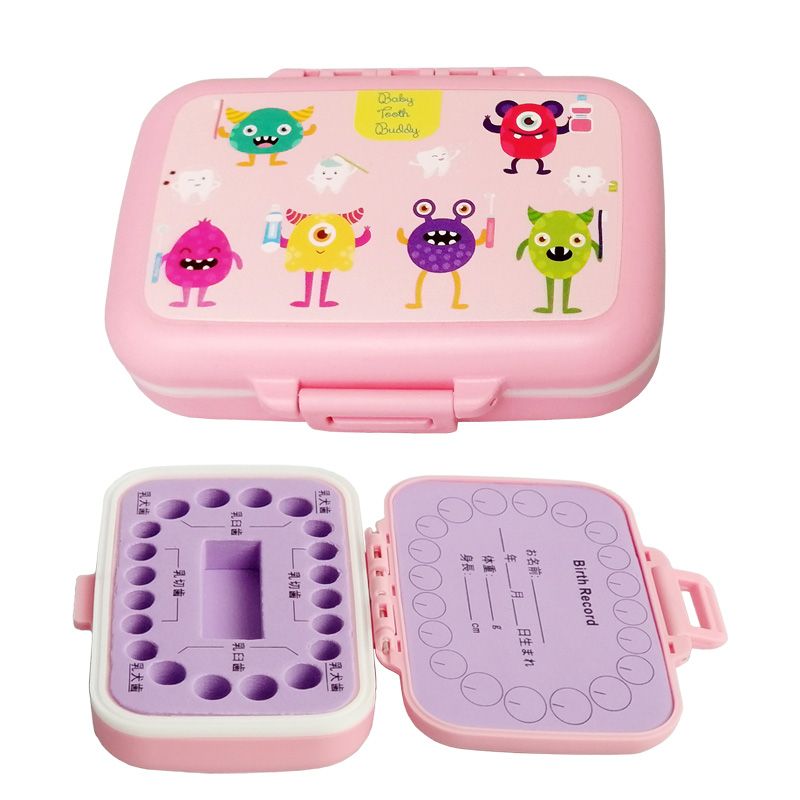 Nueva caja de dientes de leche de plástico y material Linda leche rosada. Cajas