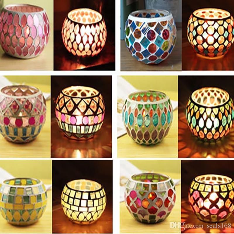 Cheap Mosaic Glass Candlestick Candle Holder Handcrafted Circular Lantern Home Decoration