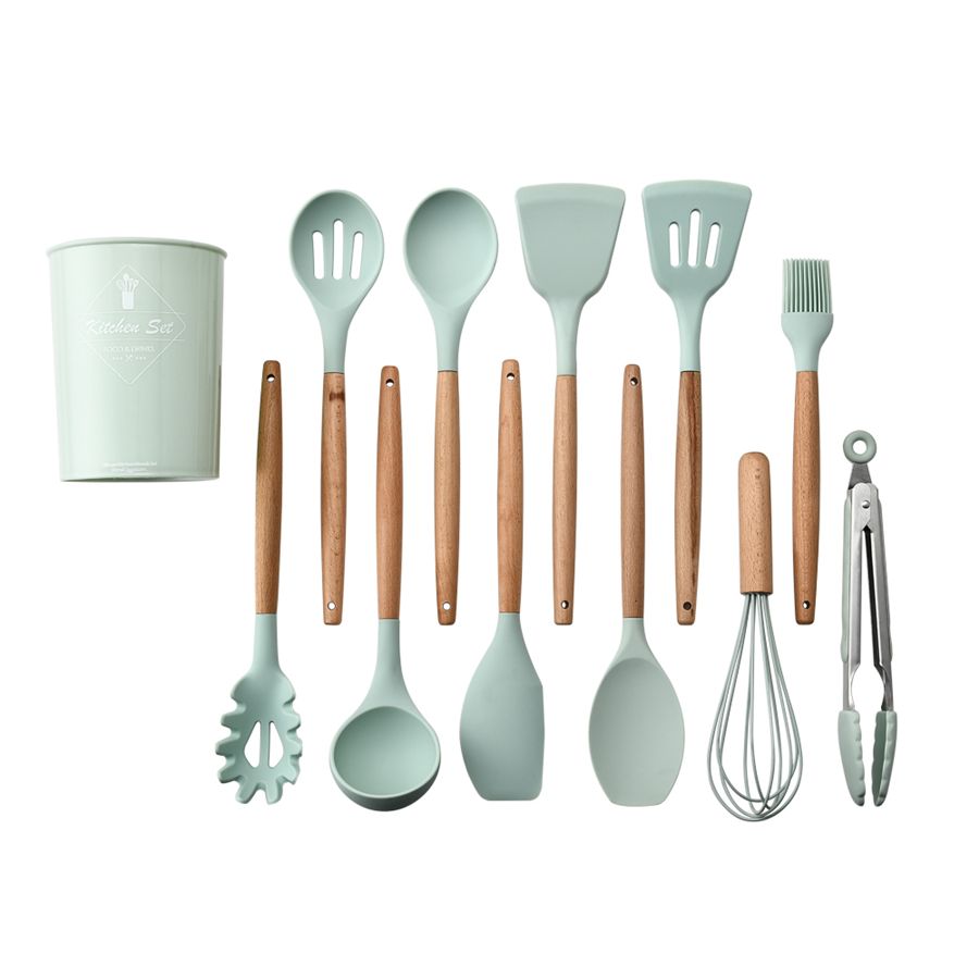 14 Pcs Silicone Cooking Kitchen Utensils Set with Holder, Wooden Handles  BPA Free Silicone Turner Tongs Spatula Spoon Kitchen Gadgets Utensil Set  for