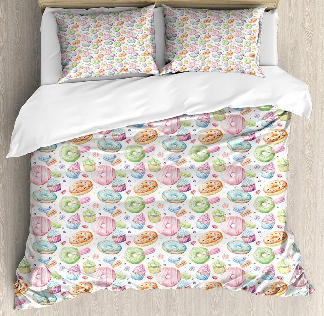 Colorful Queen Size Duvet Cover Set Watercolor Style Sweets Glazed