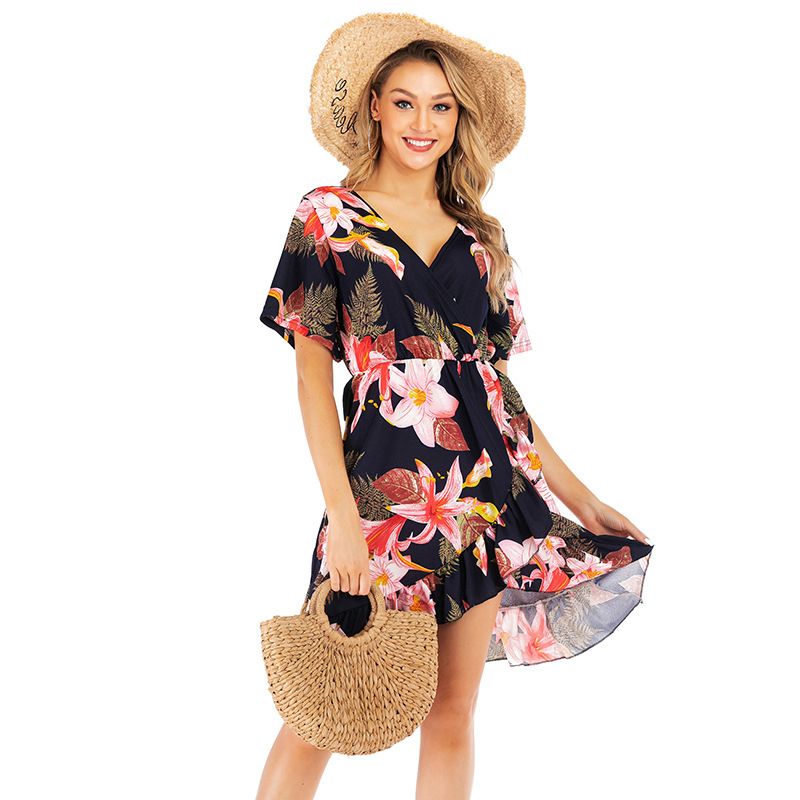 Women Short Sleeve Casual Big Flower Print Dress V Neck Ruffles
