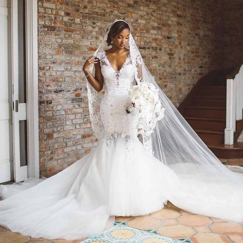 South African Mermaid Wedding Dress V Neck Beaded Appliqued Lace Bride