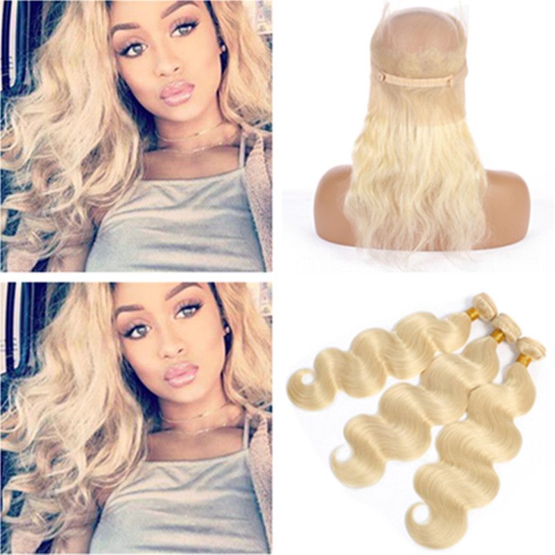 613 Blonde Virgin Hair 360 Lace Frontal Closure With Bundles Body