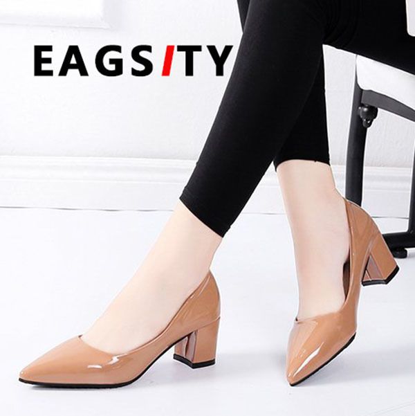 Designer Dress Shoes Beige Pumps Women Block Heel Pointed Toe