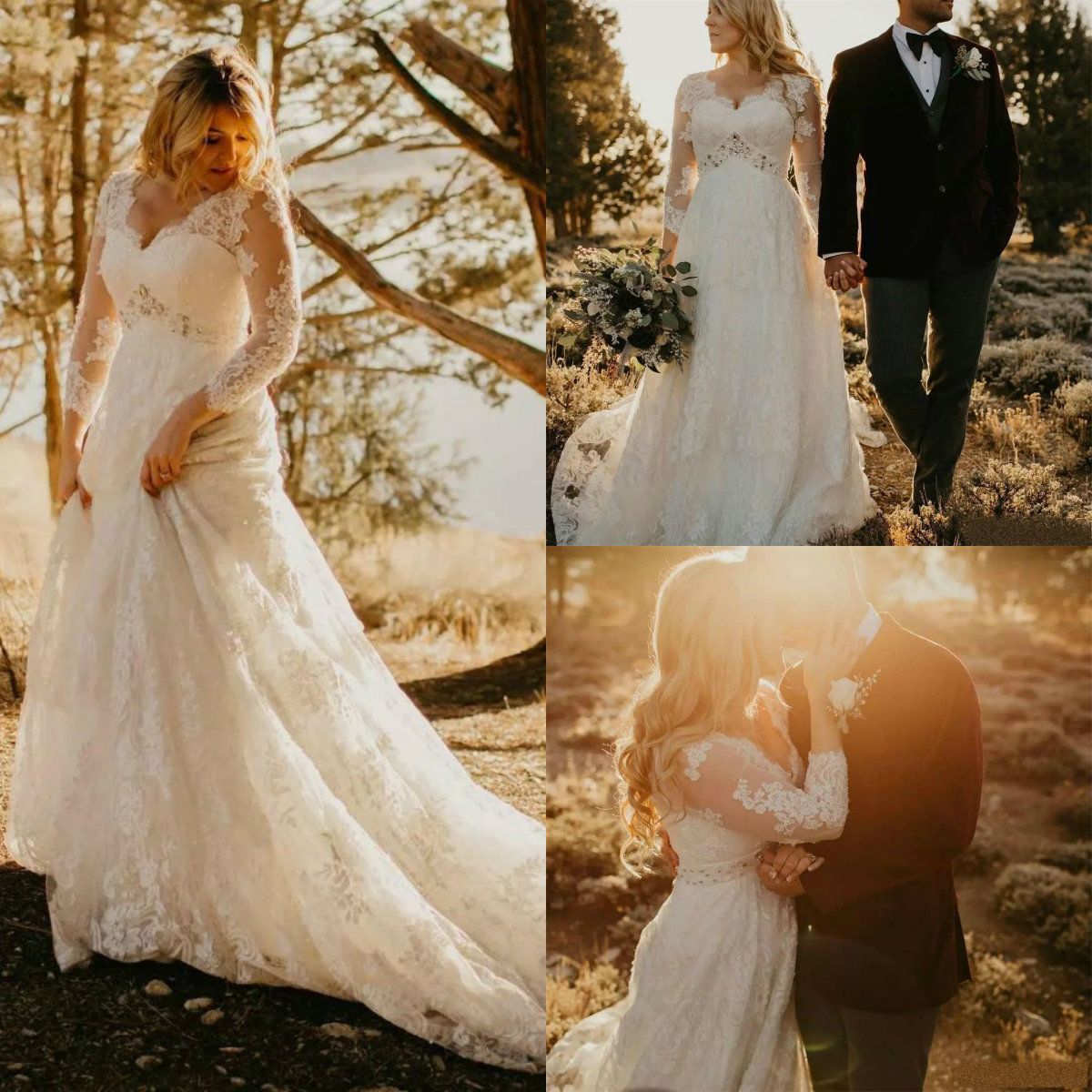 Discount Plus Size Bohemian Wedding Dresses V Neck Lace