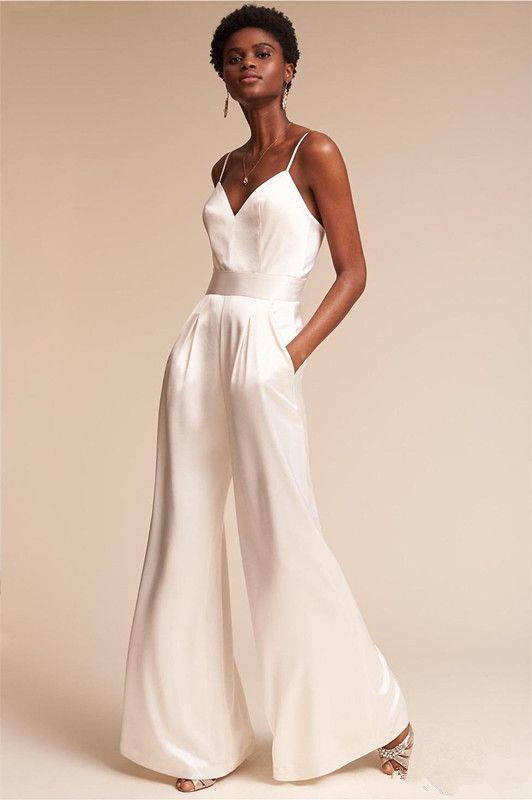 Discount Wedding Dresses Jumpsuit 2019 Summer With Pockets Ad Spaghetti Neck Dramatic Beach Wedding Ceremony Dress With Zipper Back Bridal Gowns
