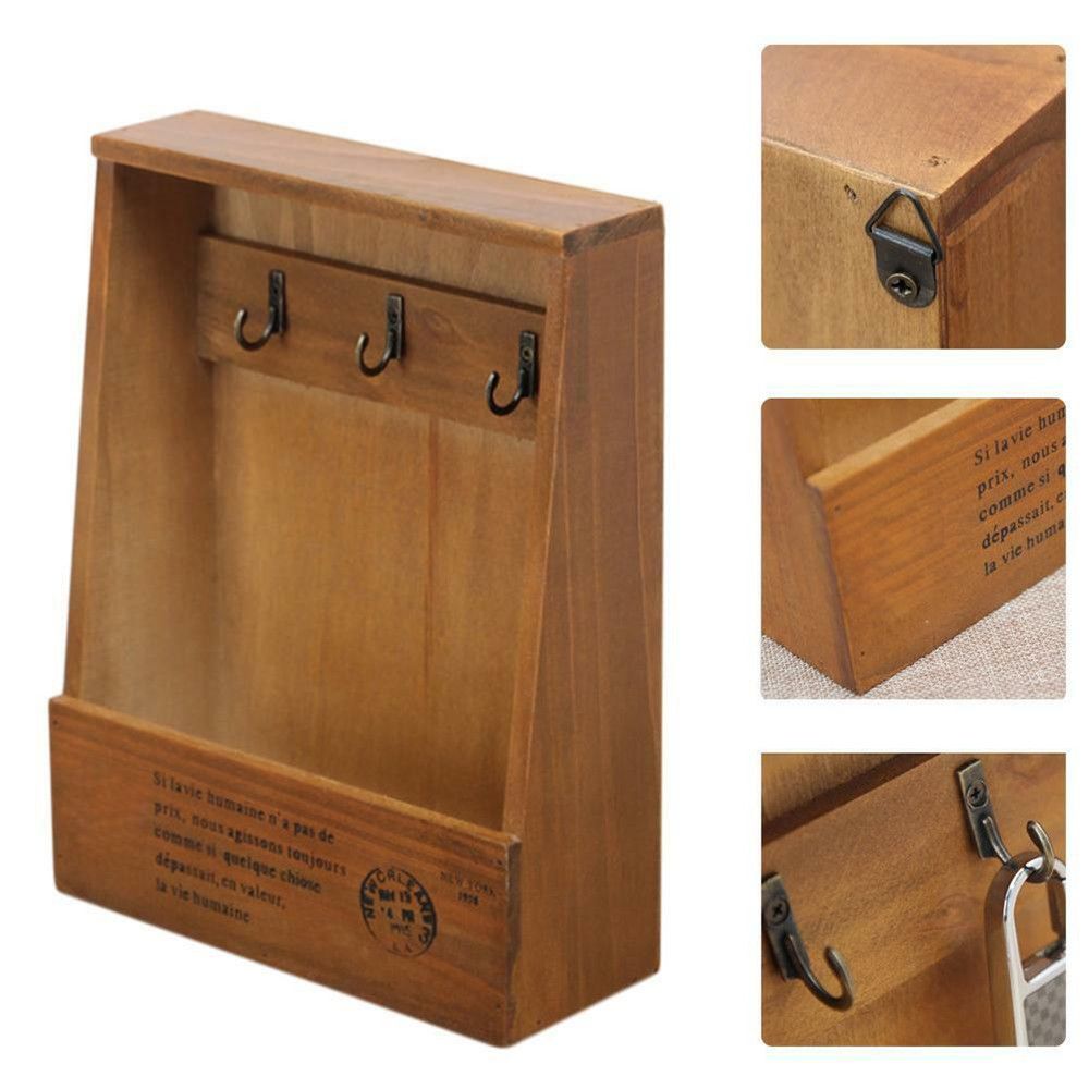 Wall Mounted Key Holder House Hooks Retro Box Wooden Case Storage