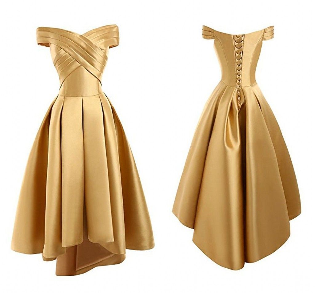 Gold Satin Off Hombro Vestidos de fiesta Vestidos Asimétricos Falda Pliegues Pleats Frunched Hola Lo PROM Gold Satin Off Hombro Vestidos de fiesta Vestidos Asimétricos Falda Pliegues Pleats Frunched Hola Lo PROM